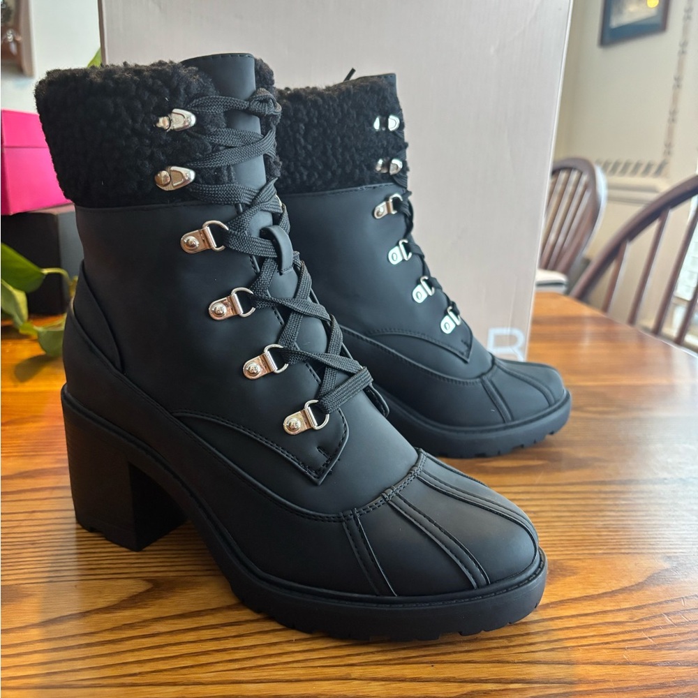 JustFab Black Heeled Boots with Fur Trim